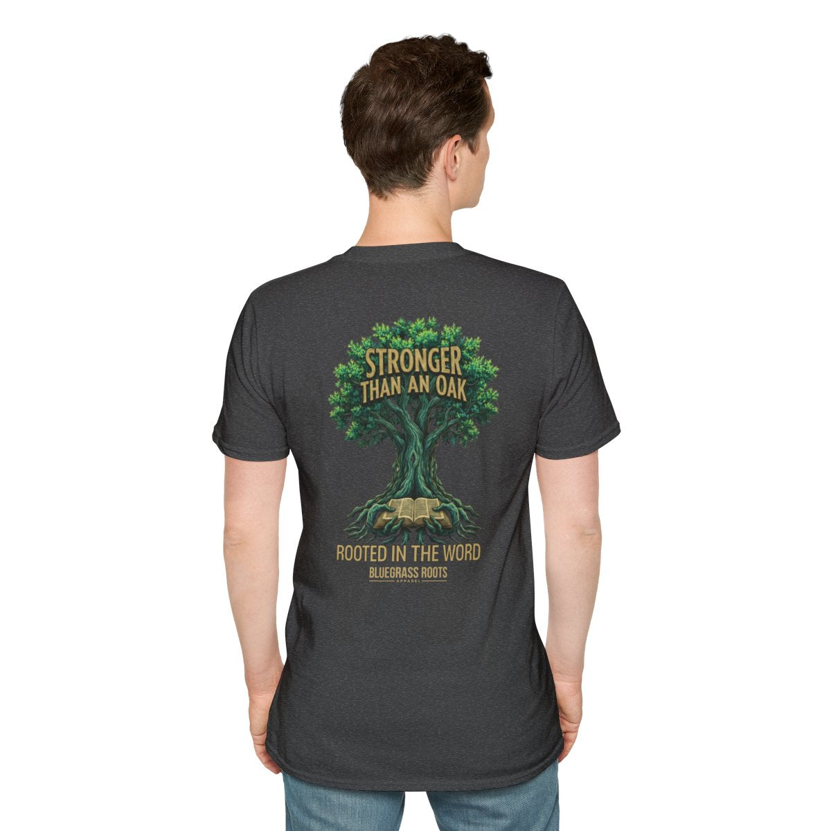 Faith Shirt for Men — "Stronger Than an Oak" Graphic Tee in Dark Heather