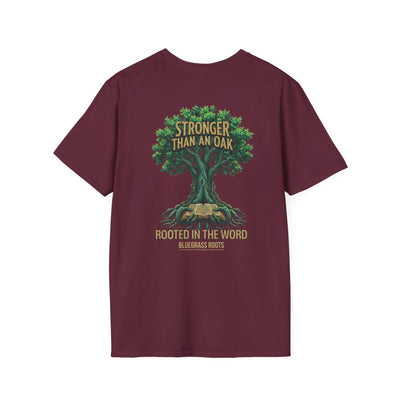 Faith Shirt for Men — "Stronger Than an Oak" Graphic Tee in Maroon