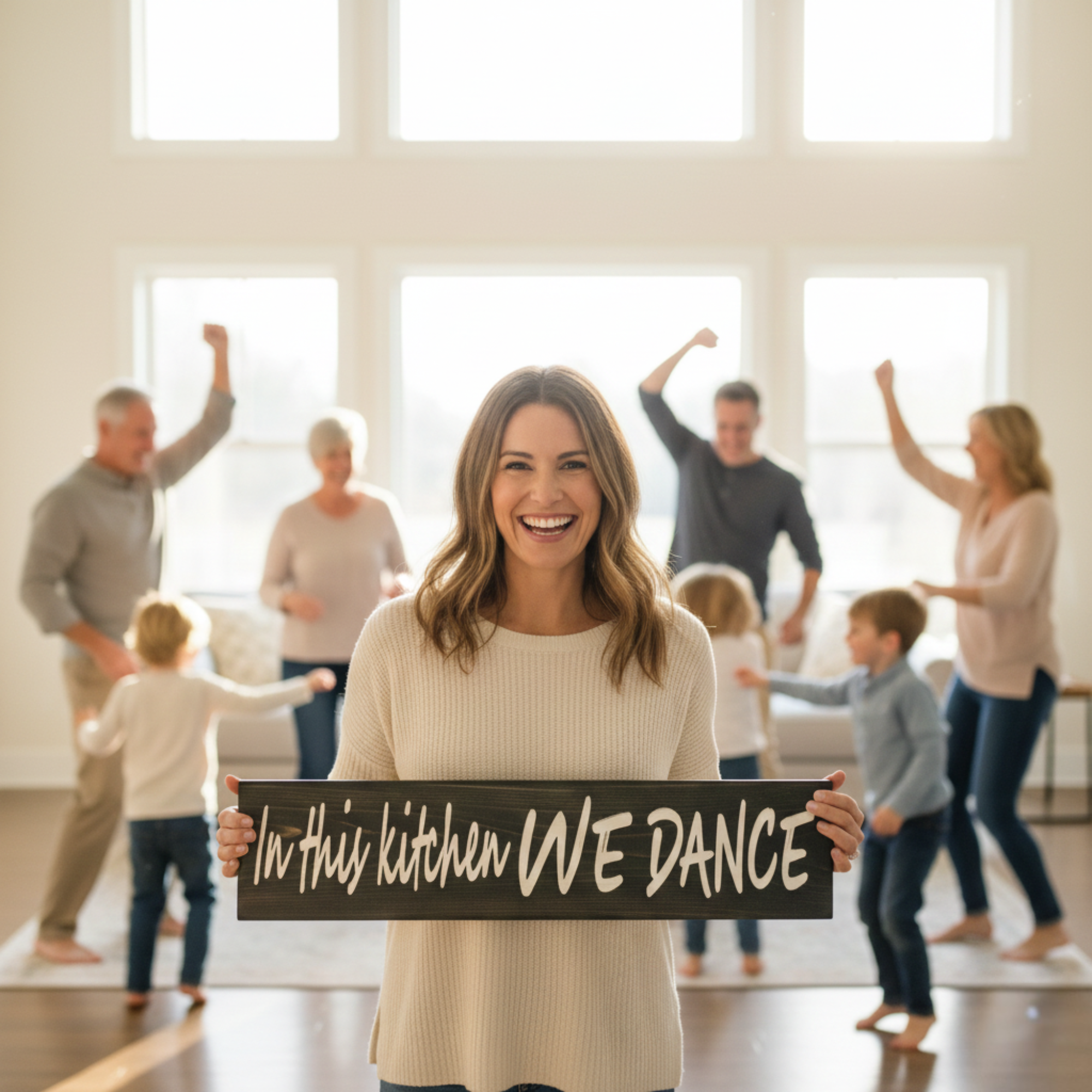 A smiling woman holding the "In This Kitchen We Dance" sign in a bright living room while her family dances in the background, showcasing its use as a sentimental home gift.