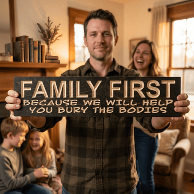 Dad holding the Family First Because We Will Help You Bury the Bodies funny farmhouse sign while his wife and kids laugh together in a cozy farmhouse living room