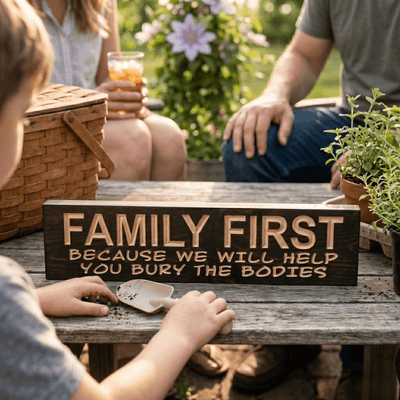 Family First Because We Will Help You Bury the Bodies funny farmhouse sign displayed on a weathered picnic table during a sunlit backyard family gathering in Kentucky