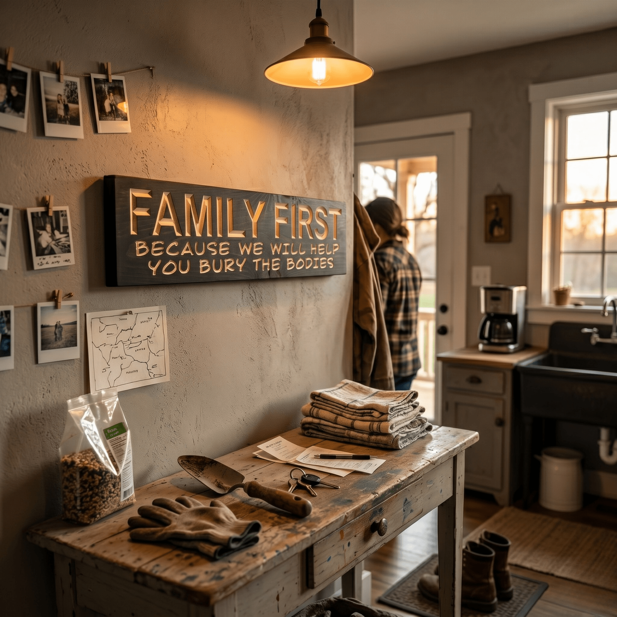 Family First funny farmhouse sign hung on a rustic entryway wall above a weathered farmhouse table with photos, gardening gloves, and work boots