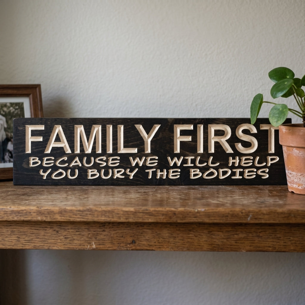 Family First Sign — Funny Farmhouse Carved Wood Decor