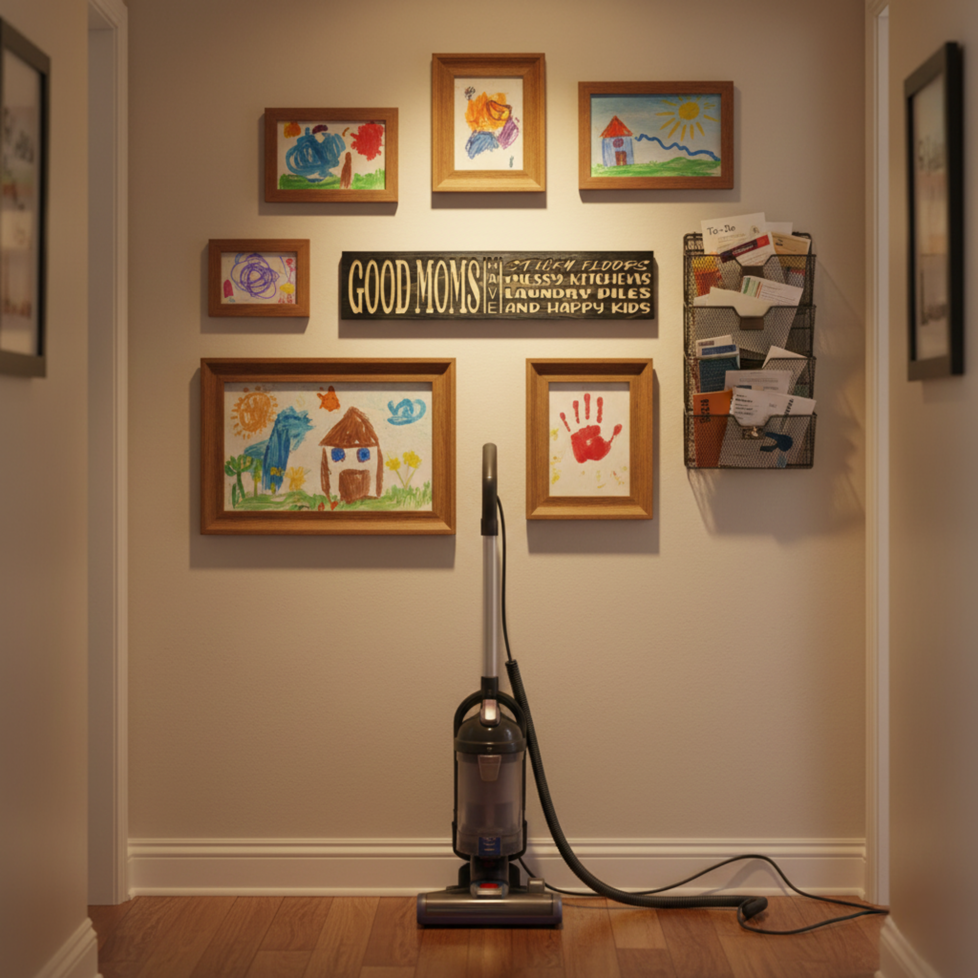 Real-life motherhood decor: Carved wood sign hanging on a gallery wall surrounded by children's artwork and a vacuum.