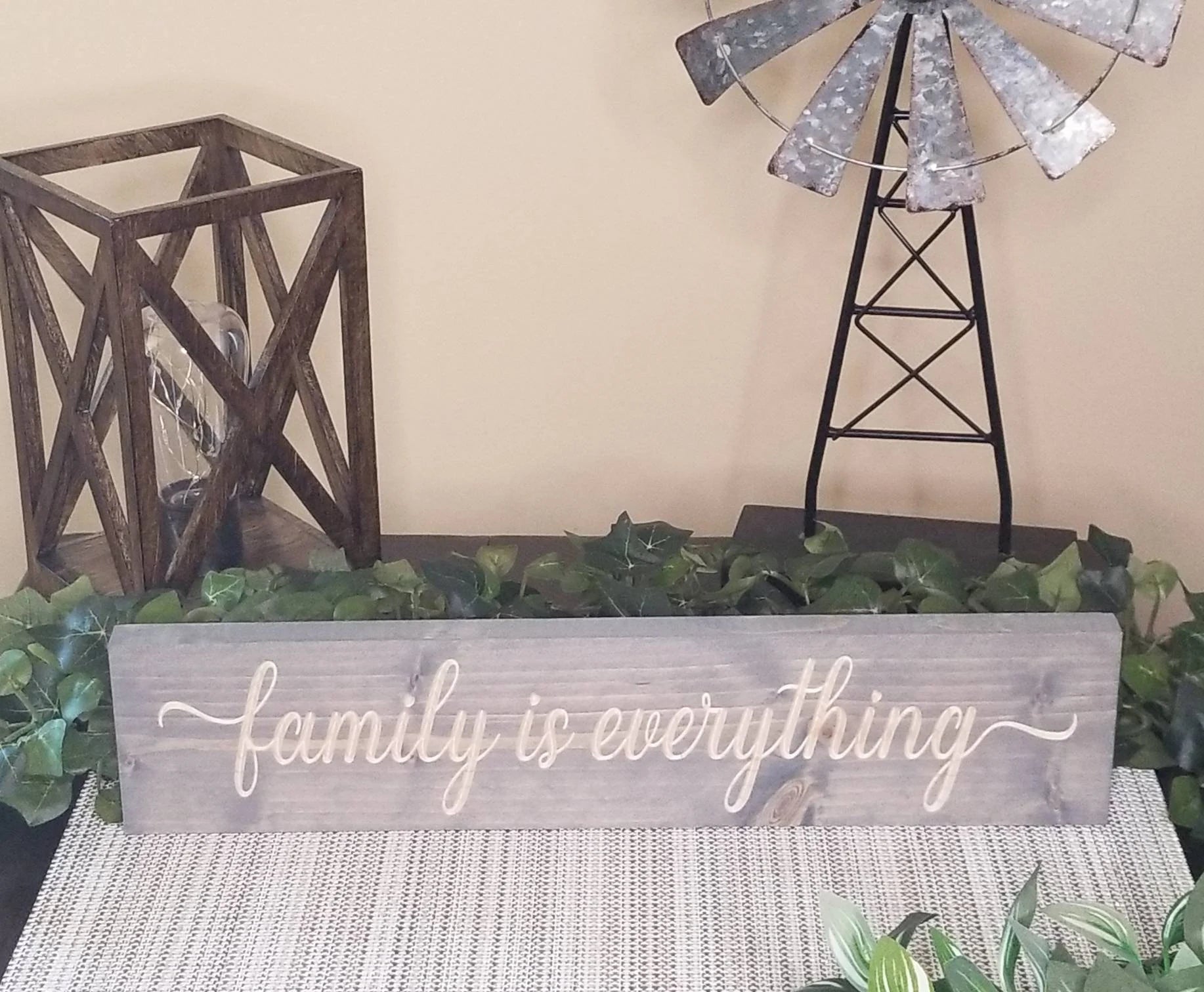 Sentimental family room decor with meaningful fami - family is everything wood sign by Bluegrass Gifts, handmade in Kentucky