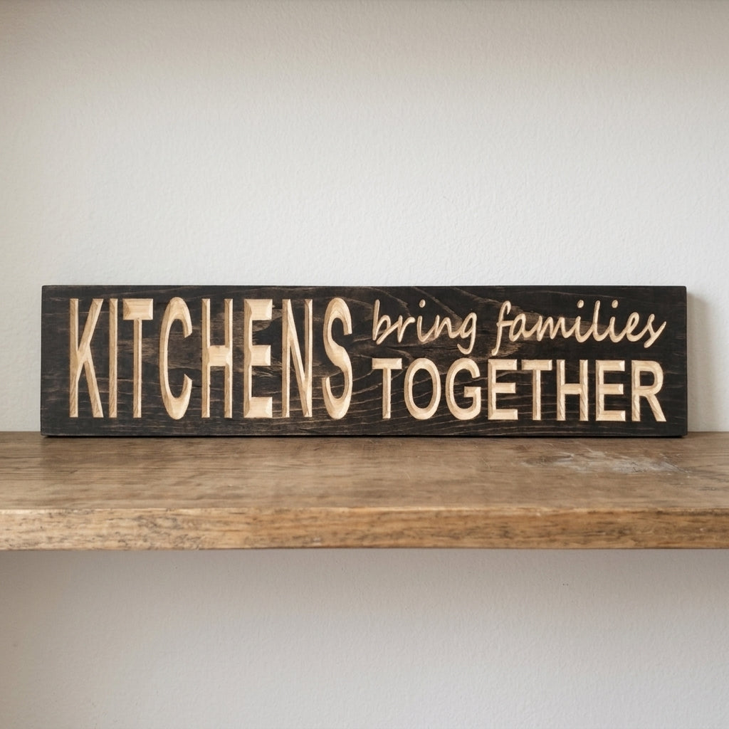 A dark wood Family Kitchen Sign with carved light letters rests on a wooden shelf against a white wall from Bluegrass Gifts