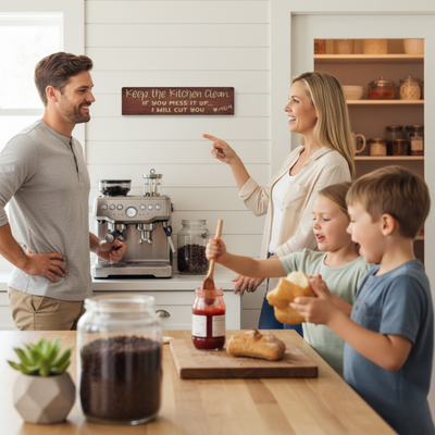 A family laughing together in their kitchen, with the mom pointing to the newly hung "threatening but loving" mom gift on the wall.