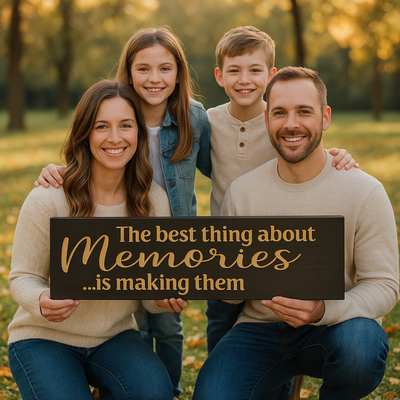 Family lifestyle photo displaying the memories quote sign during a park photo session.