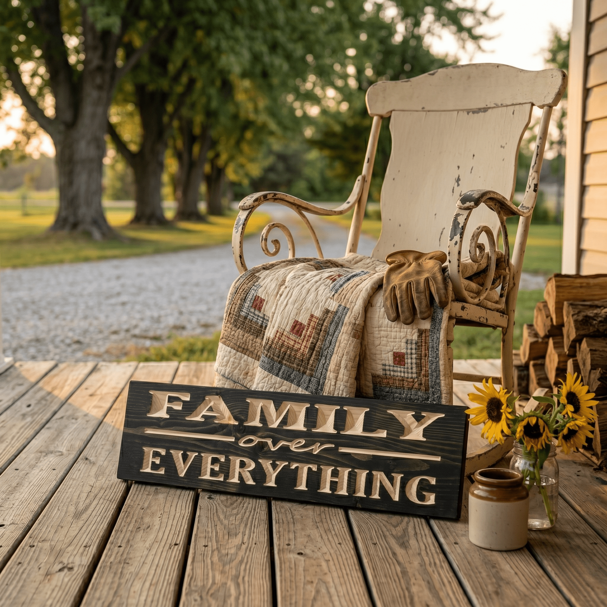 Family Over Everything rustic wood sign displayed on a Kentucky farmhouse porch with a vintage rocking chair, quilt, sunflowers, and firewood