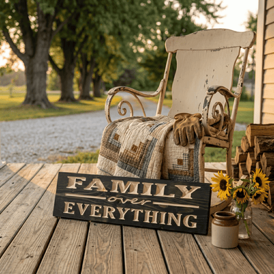 Family Over Everything rustic wood sign displayed on a Kentucky farmhouse porch with a vintage rocking chair, quilt, sunflowers, and firewood