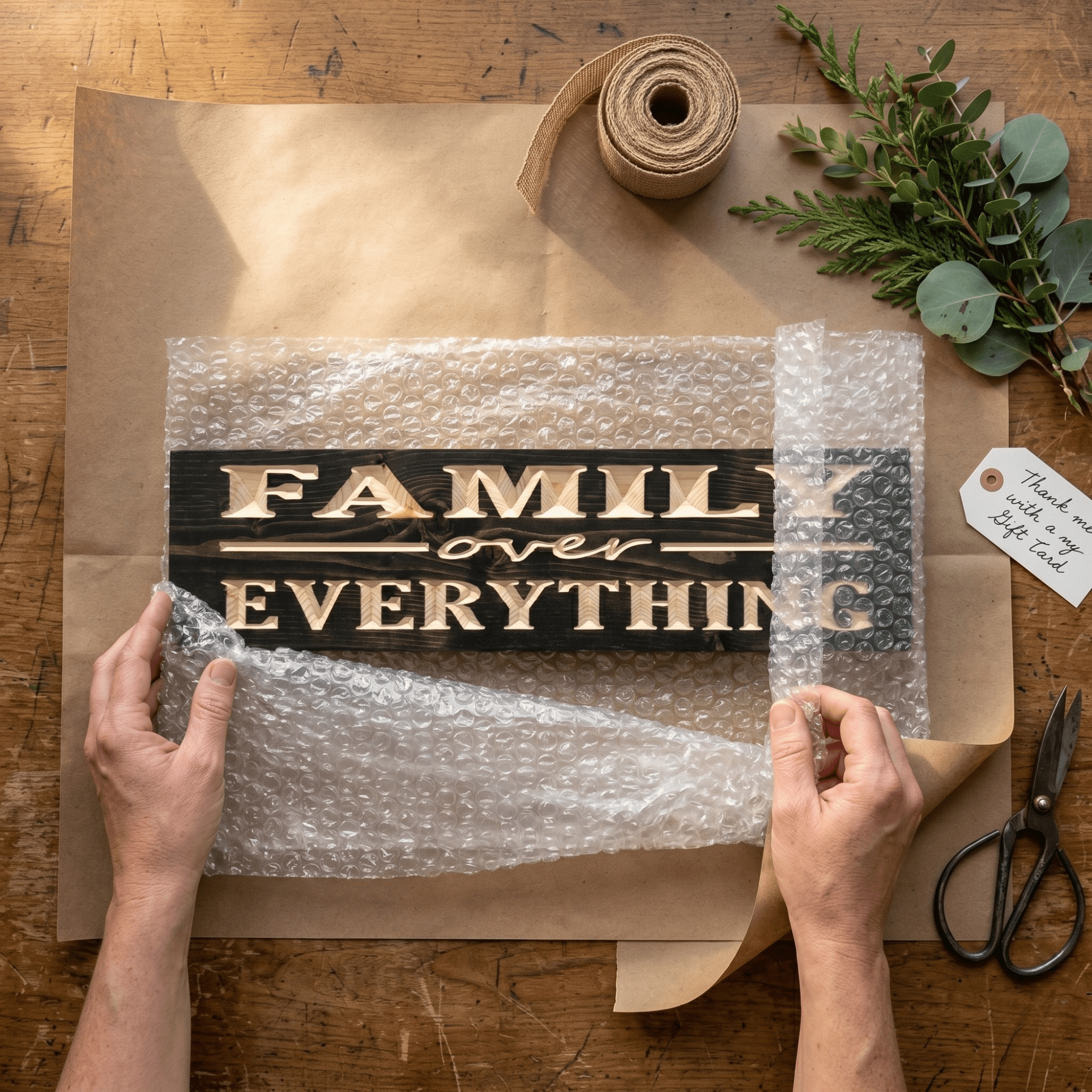Family Over Everything CNC-carved wood sign being hand-wrapped in bubble wrap and kraft paper with eucalyptus and gift tag at Bluegrass Gifts workshop