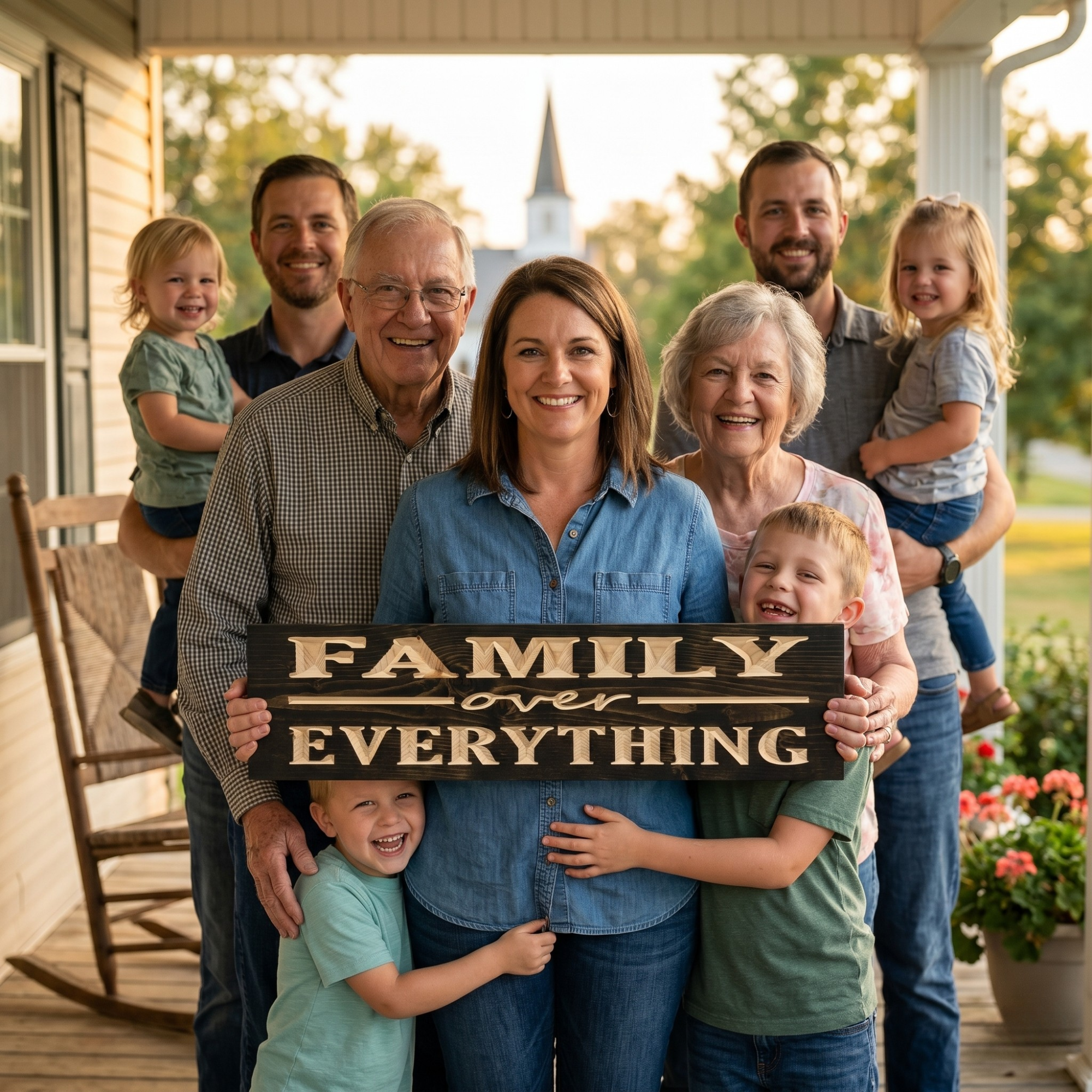 Three generations of a smiling family on a front porch holding the Family Over Everything CNC-carved wood sign, perfect housewarming or holiday gift