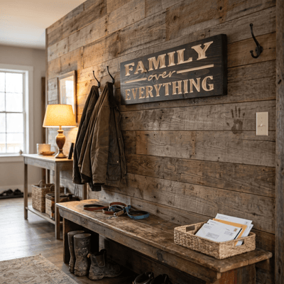 Family Over Everything rustic family wall art hanging in a farmhouse mudroom on reclaimed wood planks above a bench with coats, boots, and lamp