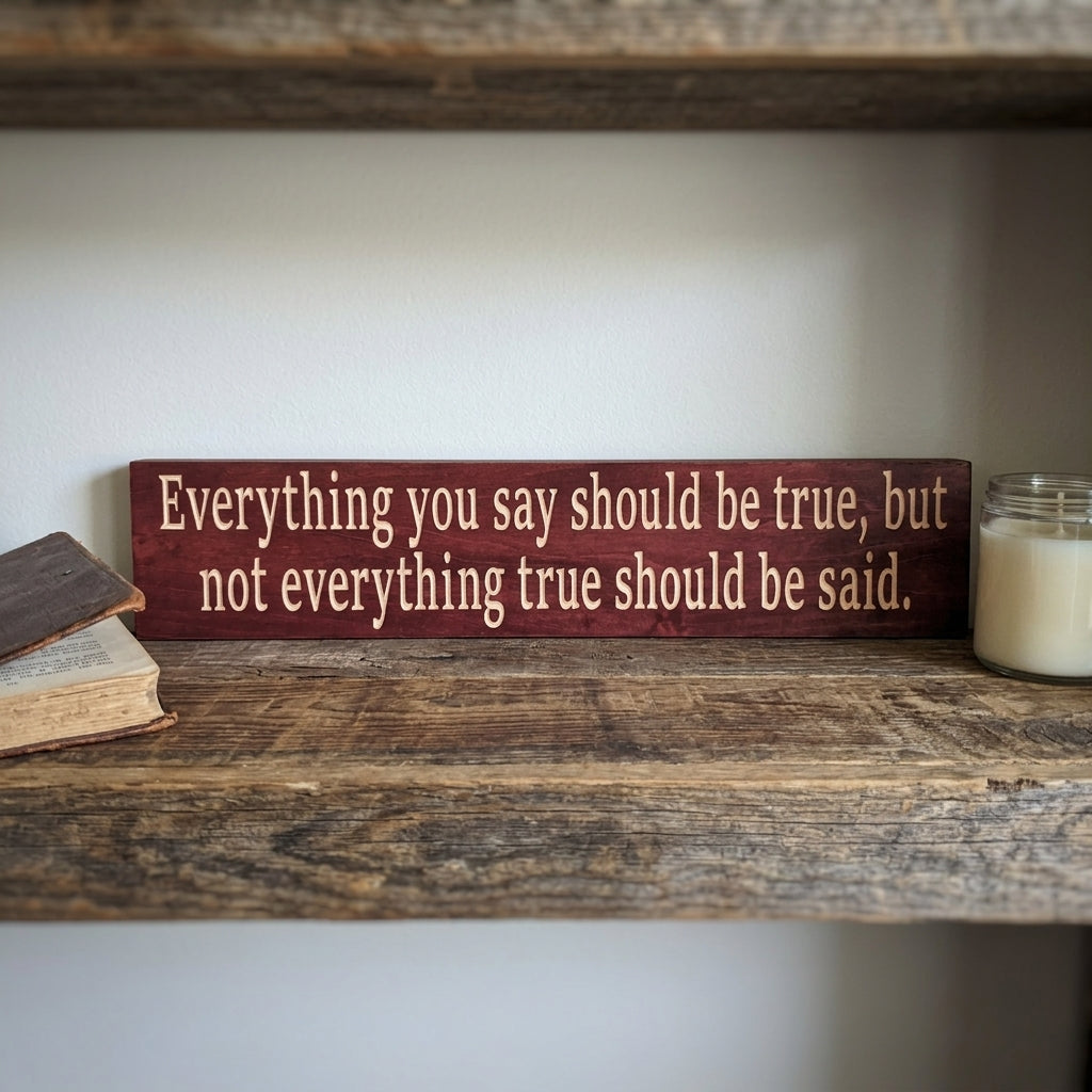 A dark red Family Values Sign rests on a rustic wooden shelf next to an old book and a candle from Bluegrass Gifts