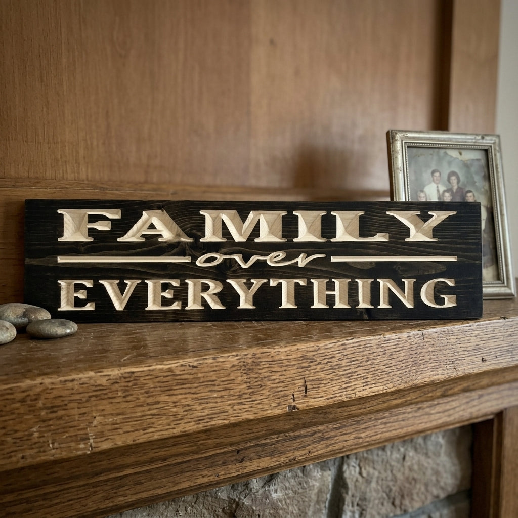 A dark wood Family Wall Sign with light carved letters, resting on a wooden mantelpiece next to small stones and a framed photo from Bluegrass Gifts