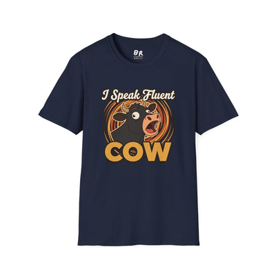 A flat lay of a navy blue Farmer Shirt - I Speak Fluent Cow, featuring the full graphic of a surprised cow and text
