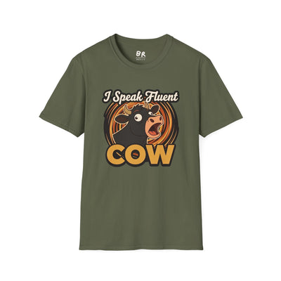 A flat lay of an olive green Farmer Shirt - I Speak Fluent Cow, featuring the full graphic of a cow and text