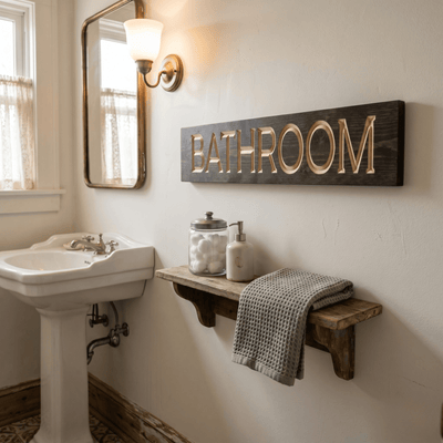 Rustic Bathroom wood sign hung above a wooden shelf in a vintage farmhouse powder room with pedestal sink, brass mirror, and antique sconce — handcrafted bathroom wall decor.