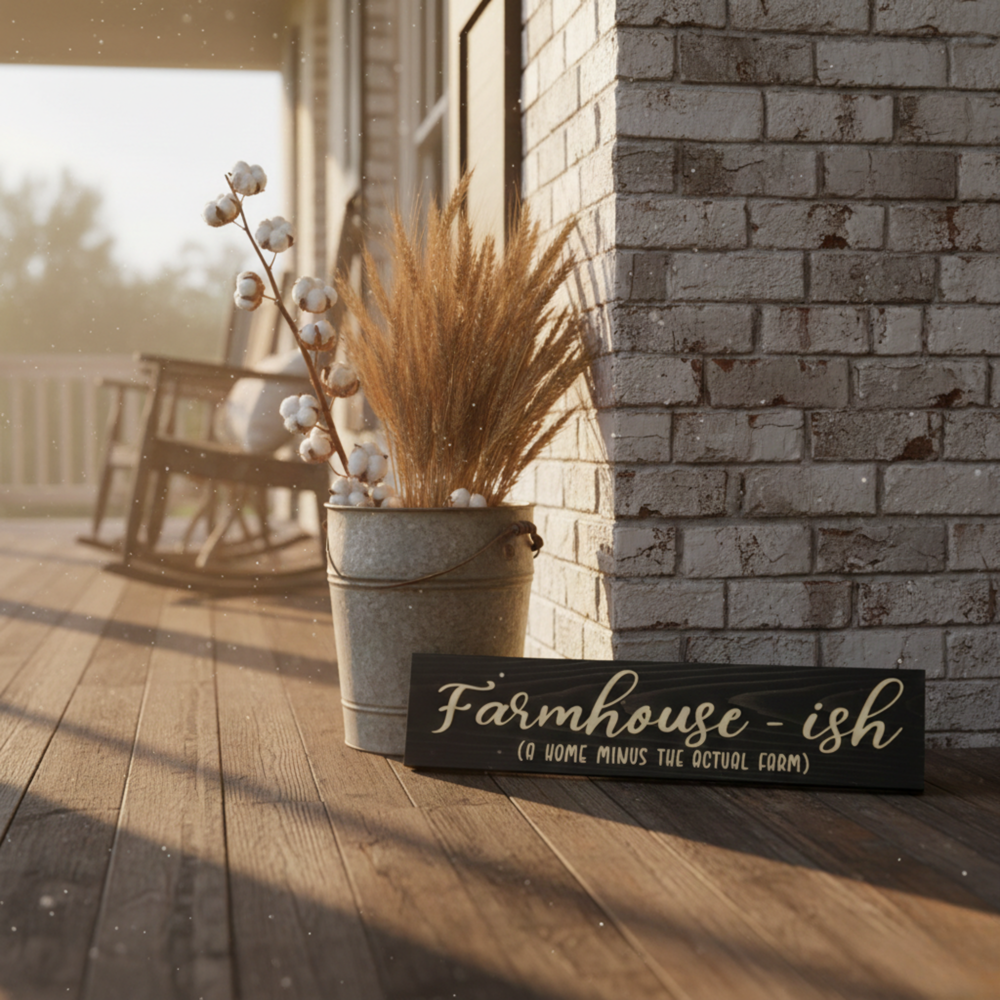 A Farmhouse-ish sign displayed on a rustic Kentucky porch next to a galvanized bucket and cotton stems. An ideal housewarming gift for a modern farmhouse aesthetic.