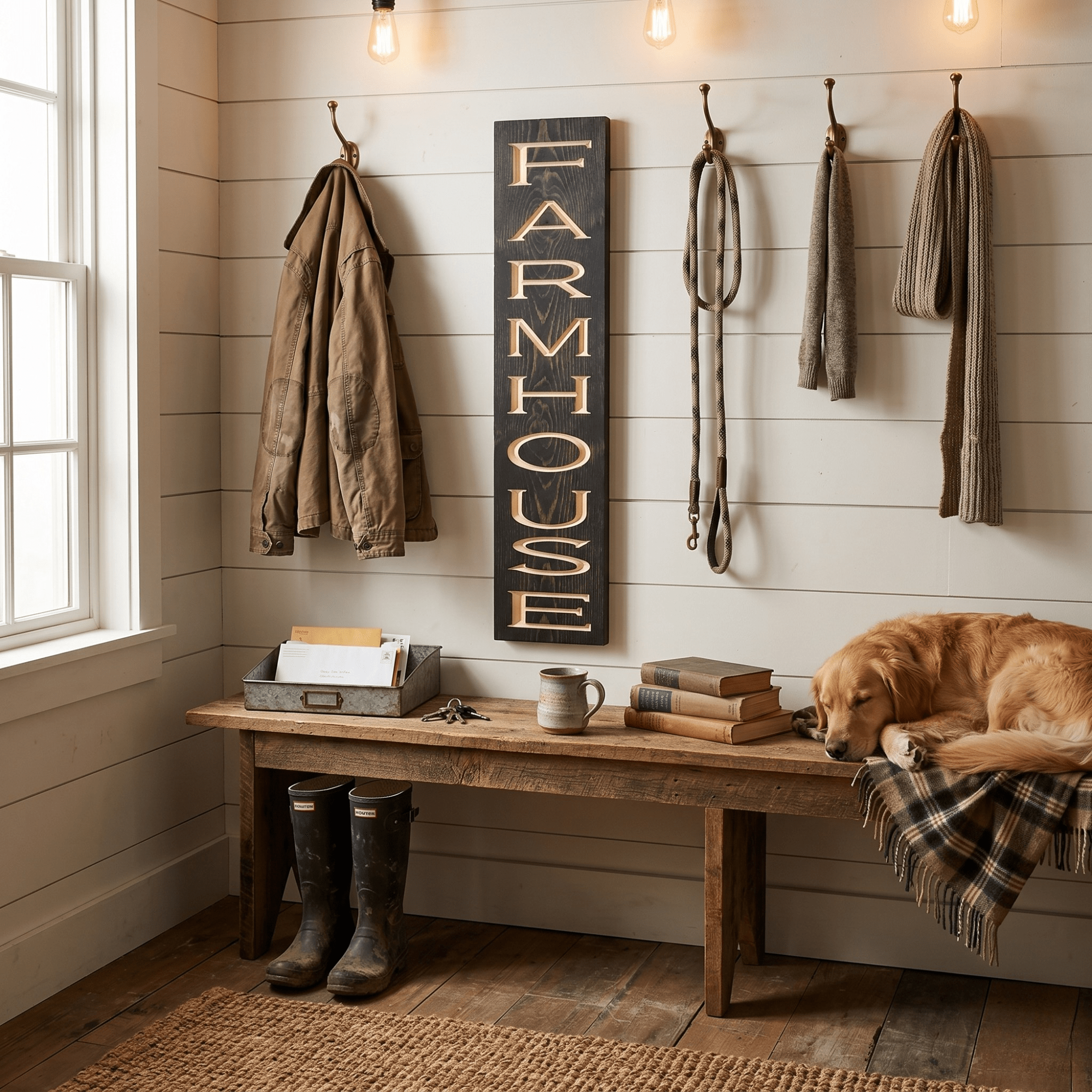 Wood Word Signs — FARMHOUSE Rustic Carved Letter Sign – styled on wall – Bluegrass Gifts