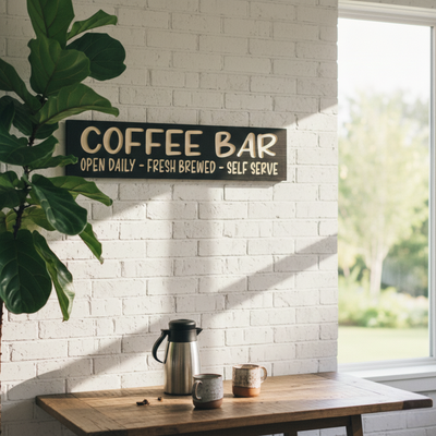 Lifestyle shot of the Coffee Bar sign hanging on a white brick wall above a cozy home coffee station with fresh brewed coffee.
