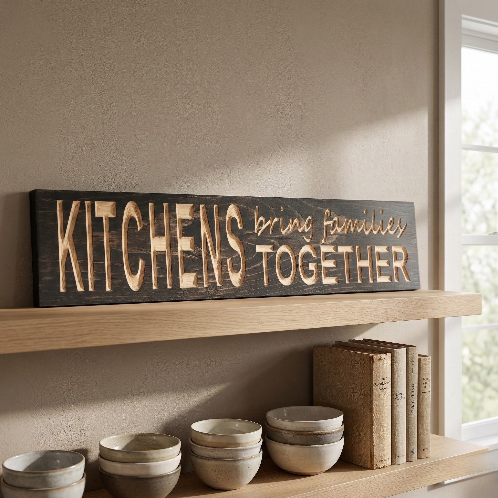 A "KITCHENS bring families TOGETHER" wooden sign displayed on a floating farmhouse-style shelf above stacked ceramic bowls and books.