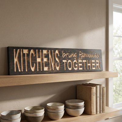 A "KITCHENS bring families TOGETHER" wooden sign displayed on a floating farmhouse-style shelf above stacked ceramic bowls and books.