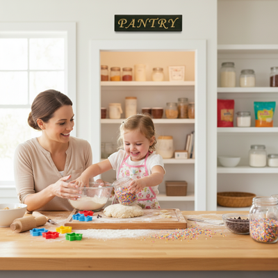 A farmhouse pantry door sign hanging above a mother and daughter happily baking together in a bright, modern kitchen.