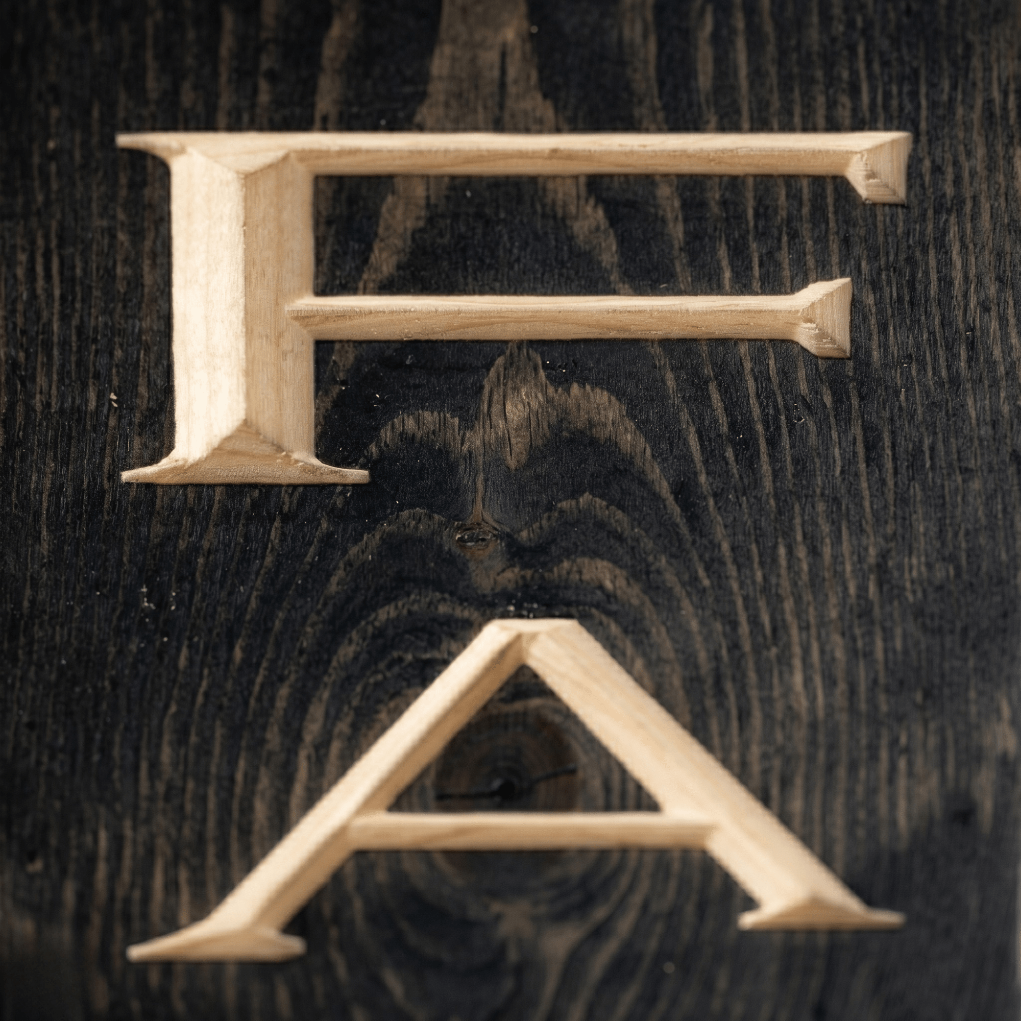 Macro close-up of CNC carved F and A letters on the FARMHOUSE wood sign revealing real pine grain, hand-finished depth, and authentic Kentucky craftsmanship.