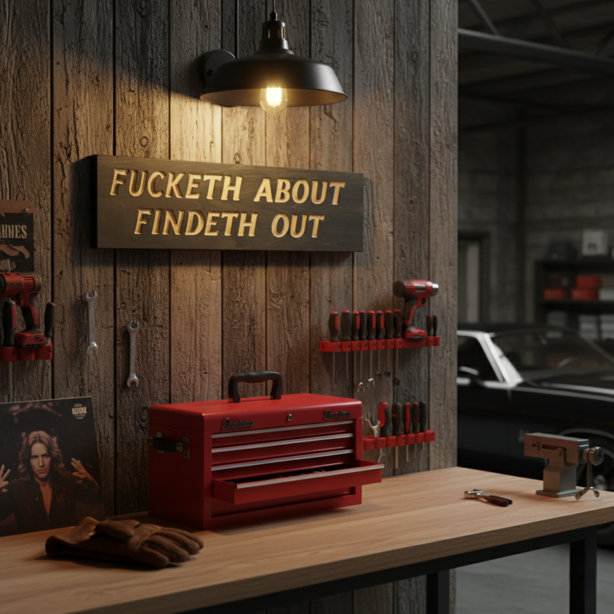 A "Fucketh About Findeth Out" sign mounted above a workbench in a rugged garage, with tools and an old record album. This is the revised filename to better reflect the final image.