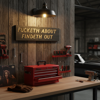 A "Fucketh About Findeth Out" sign mounted above a workbench in a rugged garage, with tools and an old record album. This is the revised filename to better reflect the final image.
