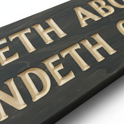 A close-up macro shot of the deep V-carving on the "Fucketh About Findeth Out" sign, highlighting the craftsmanship and sharp details.