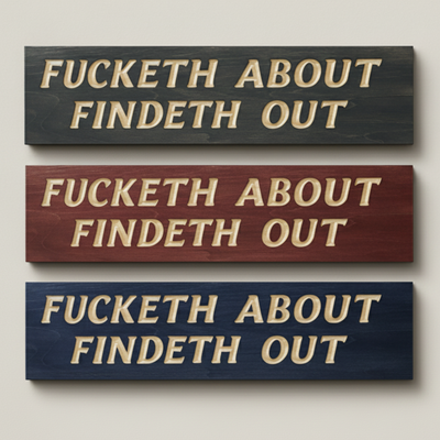 Three identical "Fucketh About Findeth Out" wood signs stacked, showing different finish options and the dimensional carving.