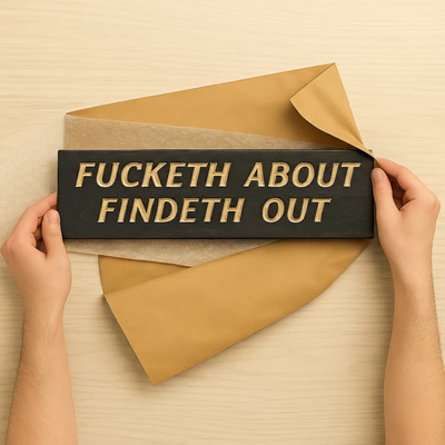 Hands unboxing a "Fucketh About Findeth Out" wood sign from its protective packaging, highlighting the care in shipping a handmade product.