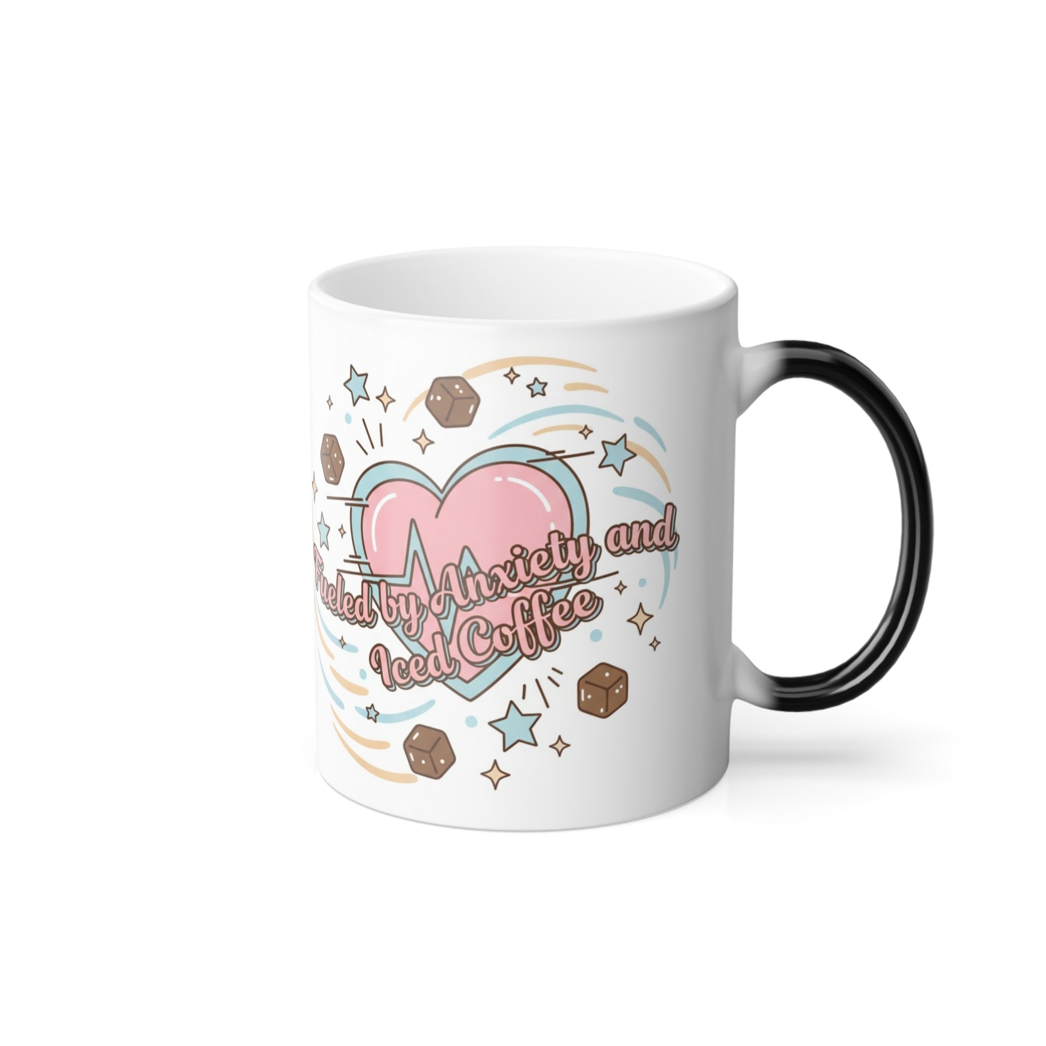 Fueled by Anxiety and Iced Coffee Magic Mug - color changing magic mug front view before heat reveal by Bluegrass Gifts