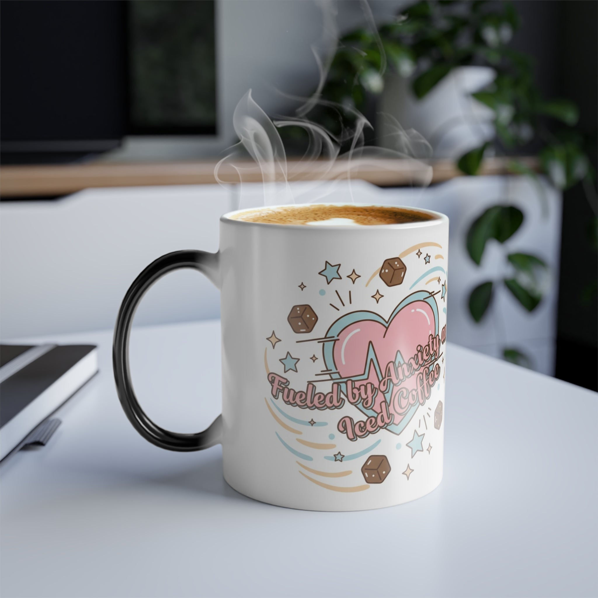 Fueled by Anxiety and Iced Coffee Magic Mug - color changing mug gift presentation by Bluegrass Gifts