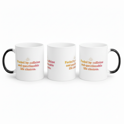 Three white ceramic heat-sensitive coffee mugs displaying the phrase 'Fueled by caffeine and questionable life choices' in a gradient sunset orange and pink font, with black handles on a white background.