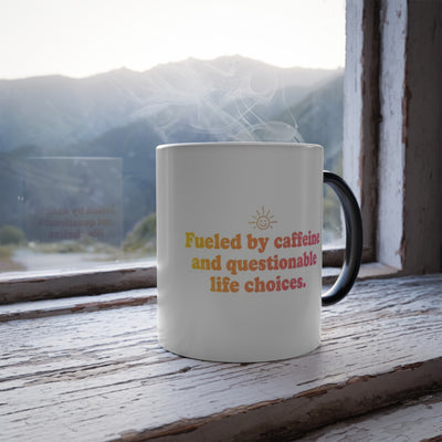 Fueled by Caffeine & Questionable Life Choices Magic Mug - funny coffee mug on office desk gift idea by Bluegrass Gifts