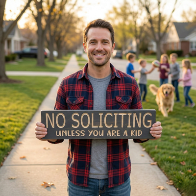 A smiling man holding the "No Soliciting Unless You Are A Kid" sign on a suburban sidewalk with neighborhood kids playing in the background.