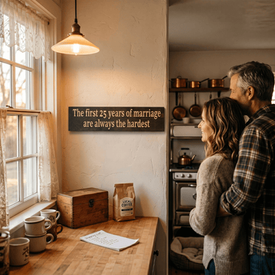 Funny 25th anniversary wood sign hung on farmhouse kitchen wall with couple smiling in background near window with warm morning light