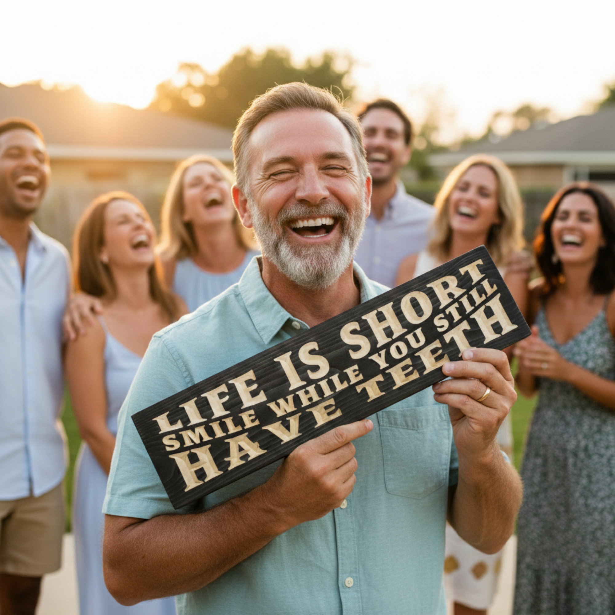 A laughing man at a 60th birthday party holding a "Life Is Short Smile While You Still Have Teeth" funny wood sign as a gag gift.