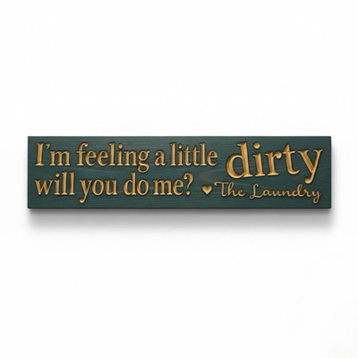 Front view of the 'I'm feeling a little dirty' funny laundry room sign, showing the deep carved letters in a teal finish.