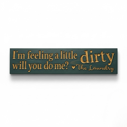 Front view of the 'I'm feeling a little dirty' funny laundry room sign, showing the deep carved letters in a teal finish.