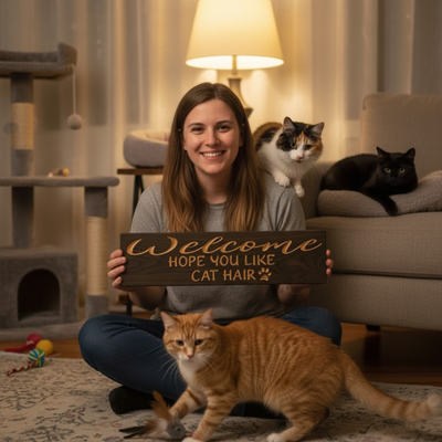 A smiling woman, a proud cat mom, holds a funny carved wood sign while sitting on the floor surrounded by her three adorable cats.
