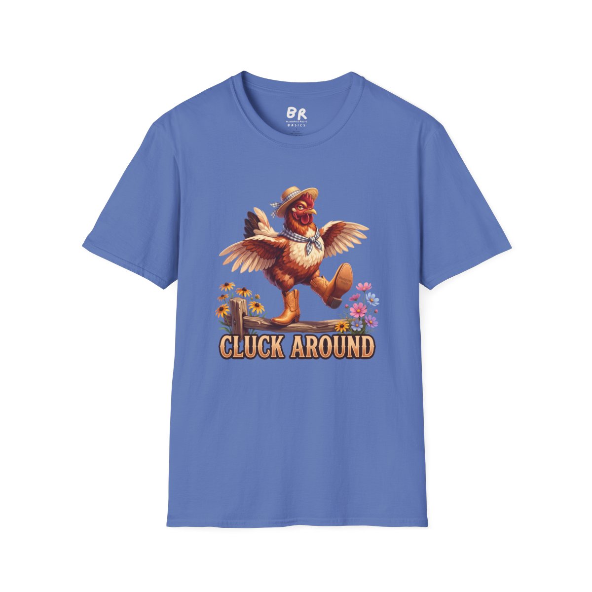 A blue flat lay displays the front of the Chicken Shirt - Cluck Around, featuring a hen in a straw hat and boots