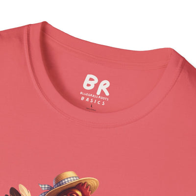 Close-up of the collar tag on a coral Chicken Shirt - Cluck Around tee, featuring the Bluegrass Roots Basics logo