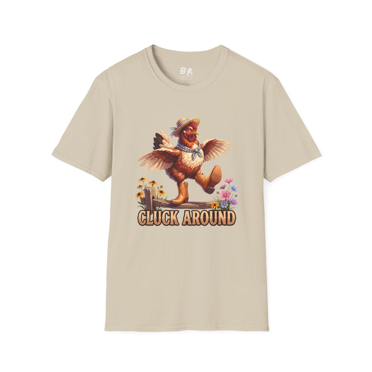 A light beige Chicken Shirt - Cluck Around is shown on a hanger, presenting the full graphic on a white background