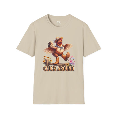 A light beige Chicken Shirt - Cluck Around is shown on a hanger, presenting the full graphic on a white background