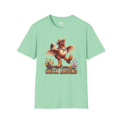 A flat lay of the mint green Chicken Shirt - Cluck Around, displaying the full chicken graphic on a white background