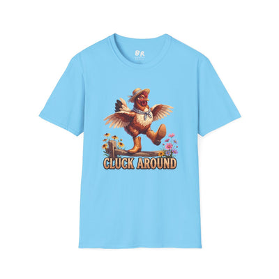 A light blue Chicken Shirt - Cluck Around is shown on a hanger, presenting the full graphic on a white background